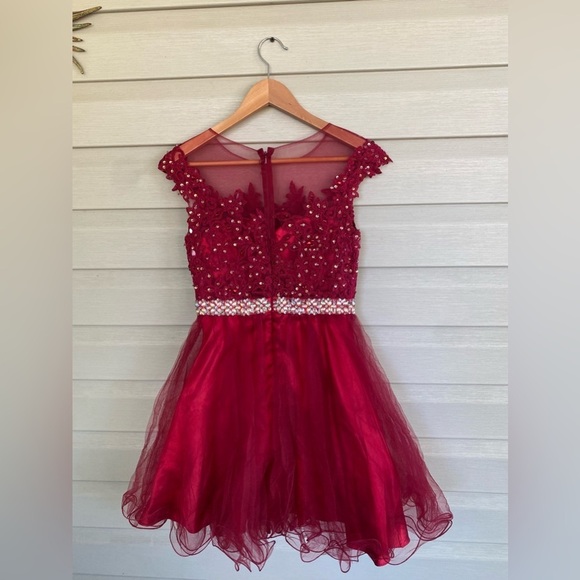 Dancing Queen baby doll red scarlet prom dress mini cap sleeve lace appliqué XS - Picture 12 of 15